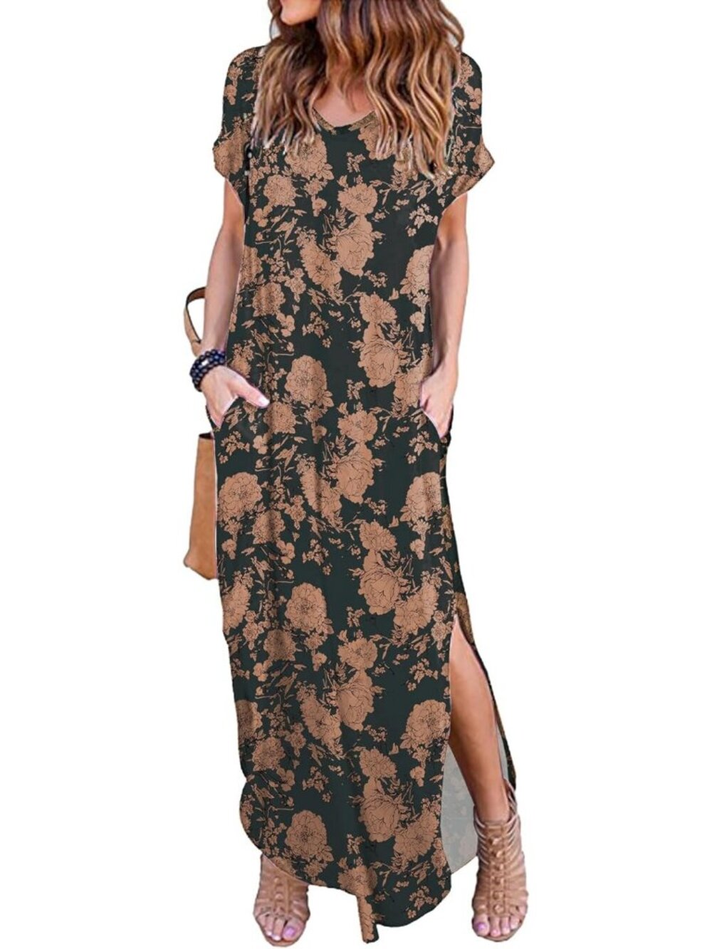 Women Navy Floral Summer Maxi Long Dress Casual Loose Short Sleeve Split Pocket